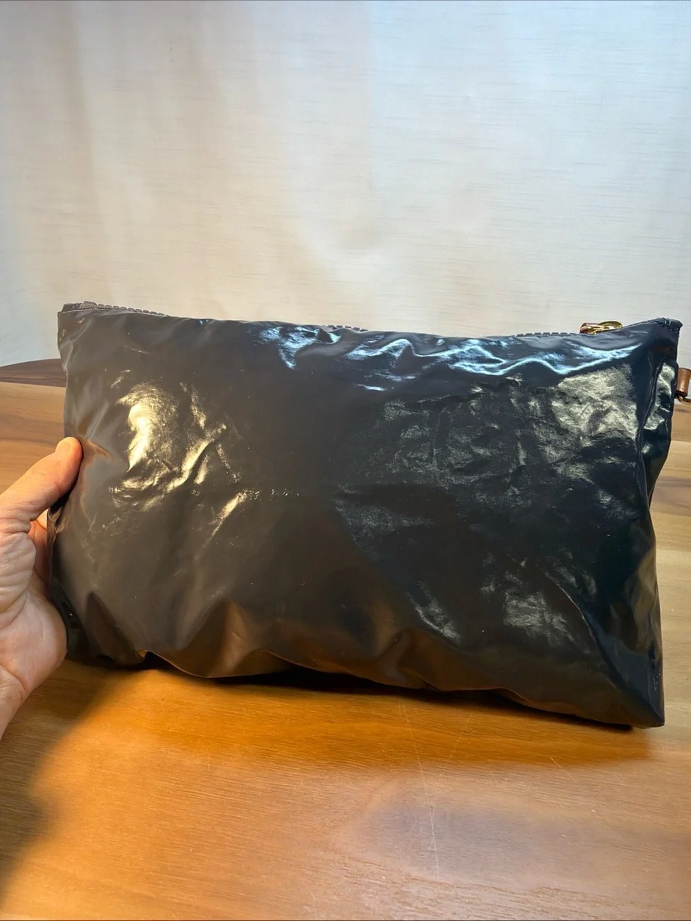 MZ Wallace Glossy Black Lacquer Nylon Zip Pouch Makeup Cosmetic Bag 12x 8” Gray
